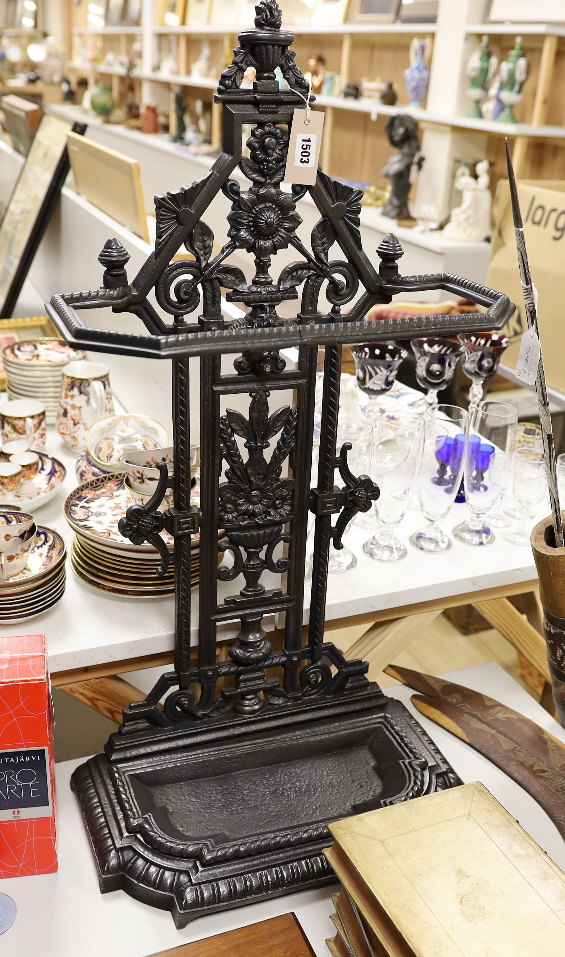 A Victorian cast iron stick stand and drip tray, Rd number 92713, 88 cms high.